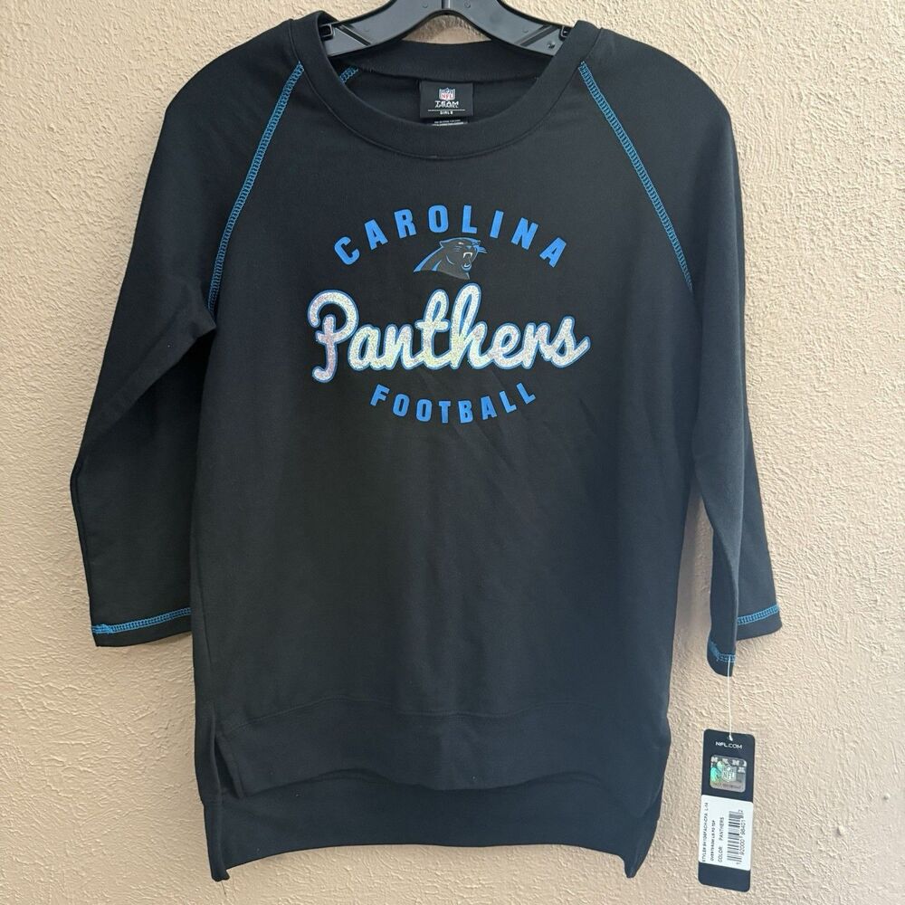 Carolina Panthers Shirt Girls Large (14) Black NFL Team Apparel NWT Long Sleeve